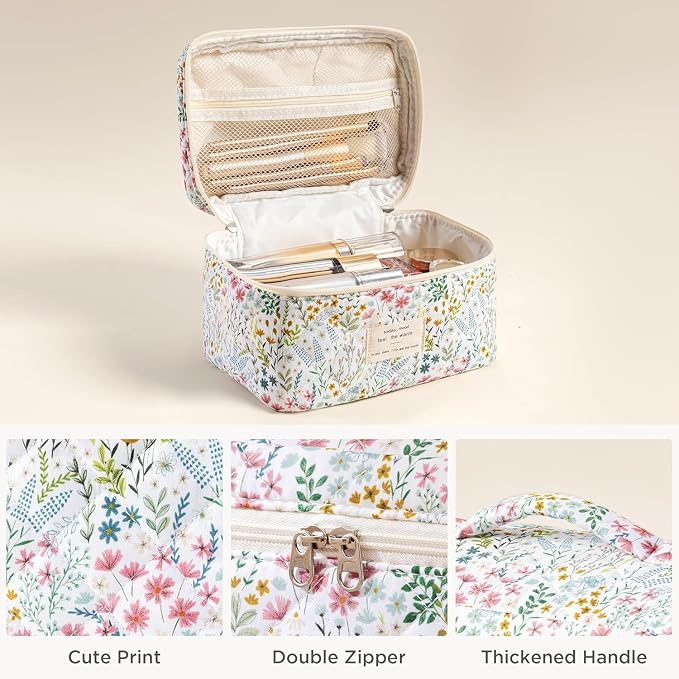 HBselect Quilted Makeup Bag, 3PCS Cotton Large Travel Makeup Bag, Cute Floral Coquette Make up Bag Cosmetic Bag Toiletry Bag for Women Girls