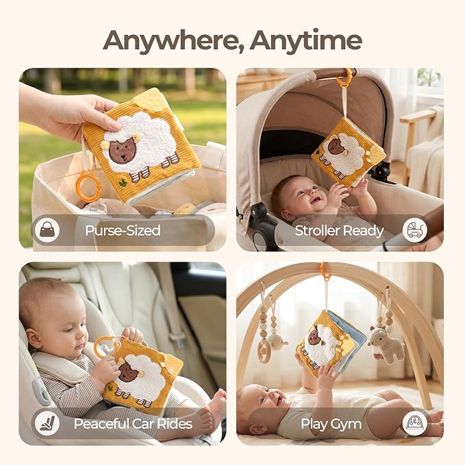 let's make Soft Baby Book for 0-12 Months, Crinkle Sensory Cloth Book with Teether, Mirror, Squeaker and C Clip, Farm Story Tummy Time Stroller Toy