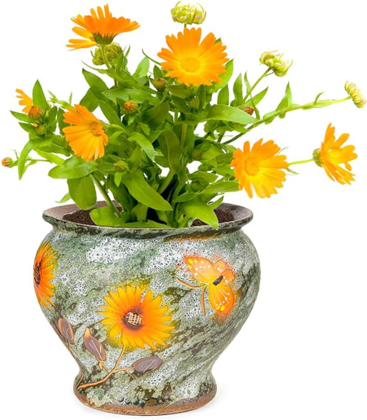 Sungmor 9 Inch Hand Painted Ceramic Succulent Plant Pots - Green & Daisy | Vintage Decorative Pottery Planters for Indoor Outdoor Plants, Table Centerpieces & Flower Arrangement Home Decor