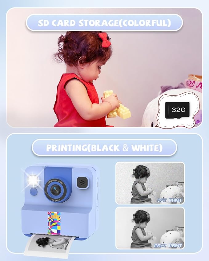 Kids Camera Instant Print, Digital Camera for Kids, 180° Rotating Selfie Lens with 32GB SD Card & 2 Rolls Printing Paper Kids Toy Birthday Gifts for Boys Girls Ages 3-12, Blue