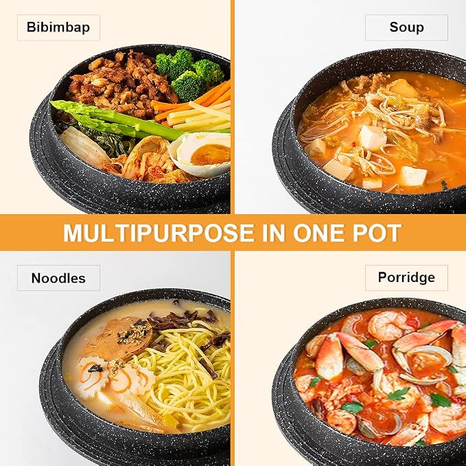 Cast Aluminum Pot with Lid, 63 oz Non-Stick Casserole Dish Korean Stone Bowl Induction Compatible, 1875 ml - Black