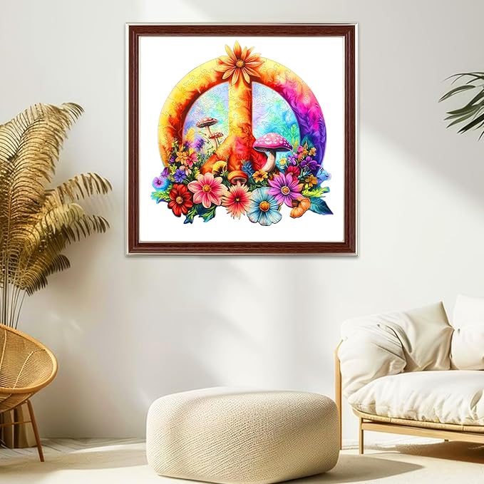 Ixfyloop Flower Wooden Puzzles for Adults, Peace Symbol Jigsaw Puzzles, Unique Shape Adult Puzzles 200pcs, Wood Puzzles Gift for Adults and Kids Family Brain Games 11.2x11.4 inch