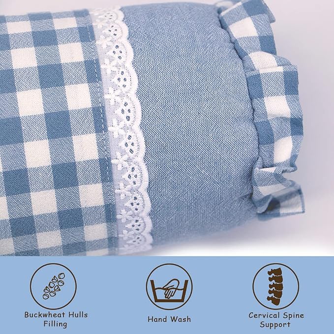 Buckwheat Neck Roll Pillow with Adjustable Fill – Cervical Bolster for Neck Lumbar Support, Cooling Cylinder Pillow for Side and Back Sleepers (16x4 inch, PlaidBlue)