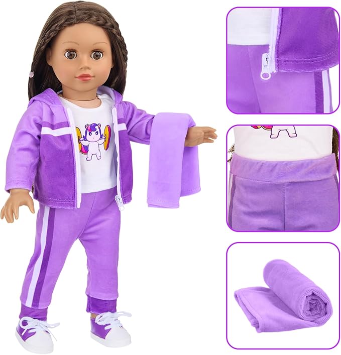 Ecore Fun 18 Inch Doll Clothes and Accessories- Sport Outfit Set, 10 Pcs Girl Doll Clothes Include Sweatshirt Suit, Sport Bag, Headbands ect- Fit Sports Dress up Game