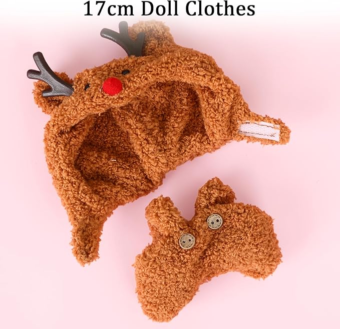 Clothes for 17cm Doll, Brown Deer Hoodie Outfit for 6.7 Inch Plush Dolls – Cute Animal-Themed Jumpsuit Costume for Dress Up Display Photography Accessories Gifts for Collectors(No Doll Included)