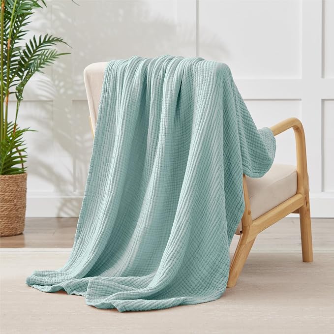100% Cotton Muslin Blanket 50"x 60", 6 Layers Breathable and Lightweight Cotton Throw Blankets for Couch, Soft Cooling Summer Gauze Blanket for Adults All Season, Mint