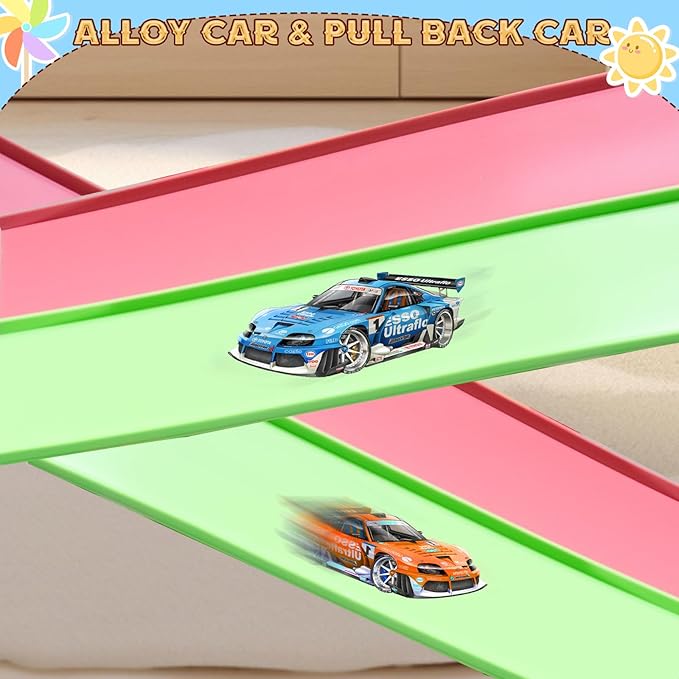 Flex Tracks 15 Ft for Kids Starter Set, Flexible Race Car Ramp Track with Suction Cups Compatible with Hot Wheels and Diecast 1/64th Cars for Ages 3 & Up (Green & Pink)
