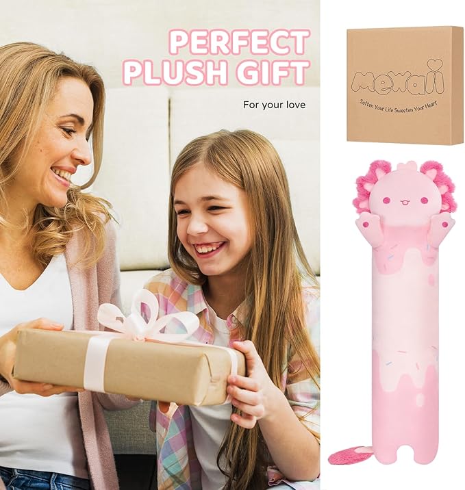 Long Axolotl Plush 5 Sizes, 120% Extra Filling Giant Plushness Kids Body Pillow, Kawaii Cute Pink Axolotl Stuffed Animals Plushies, Big Long Body Pillow Cat Plush Gift for Girls 44”