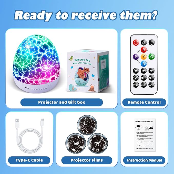 PIKOY Dinosaur Toys for Kids 3-5 Easter Gifts for Kids Toys Night Light Projector Dinosaur Eggs Easter Eggs | 15 Sounds & 3D Films | 31Colors & Remote Control | Boy Toys, Boys Room Decor