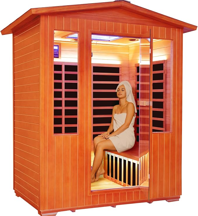 OUTEXER Outdoor 4 Person Sauna Far Infrared Saunas Dry Sauna Room Red Cedar and Canadian Hemlock Wood Wooden Sauna Spa 2600W 240V with 7 Color Light 62.2 * 46.8 * 81.9 inches