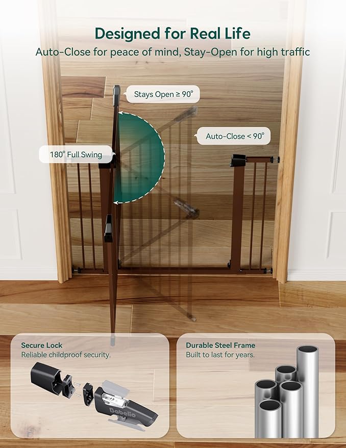 Babelio Metal Baby Gate, PressGuard P7, 29-48" Auto Close Easy Install Pet Gate, Extra Wide Walk Thru Child Safety Gate, Pressure Mounted Dog Gate for Doorways and Stairs, Brown