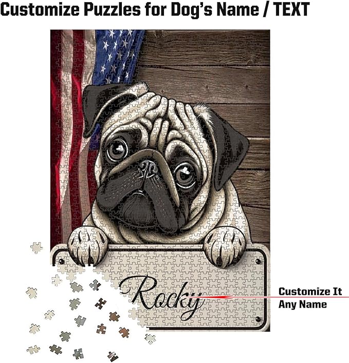 Custom Wooden Jigsaw Puzzles with Your Dog's Name on Pug Art Print - 300 500 1000PCS Puzzles Game and Home Wall Decor