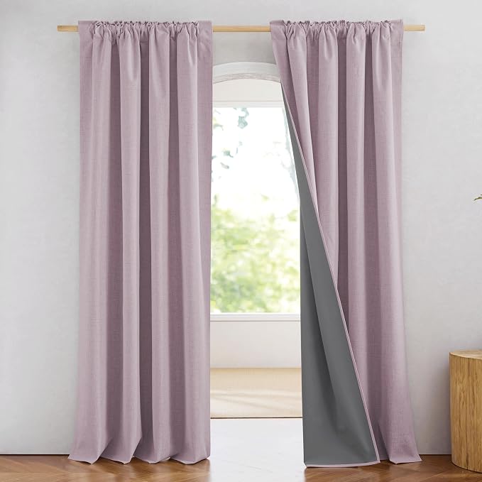 NICETOWN 100% Blackout Curtains for Living Room, 52" Wide Per Panel, Set of 2, Muted Lavender Thermal Insulated Curtains 84" Long, Linen Blend Noise Reducing Window Treatment Drapes for Hall Room