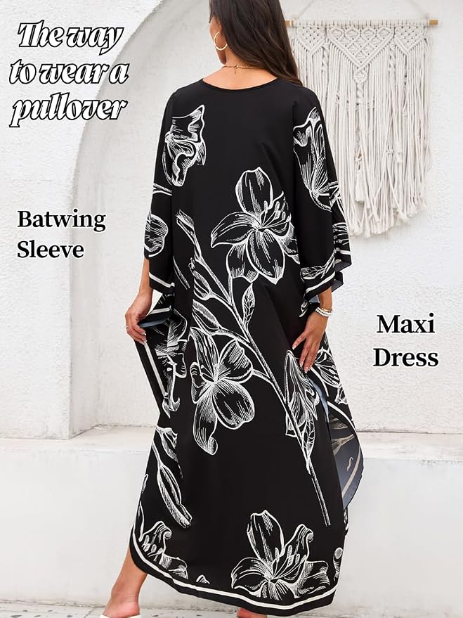 ChiaoLezhee Print Moo-Moos for Women, Kaftan Cover-Up Dresses, Sexy V-Neck High-Slit, Beach Pool-Party Coverups Muumuu Plus