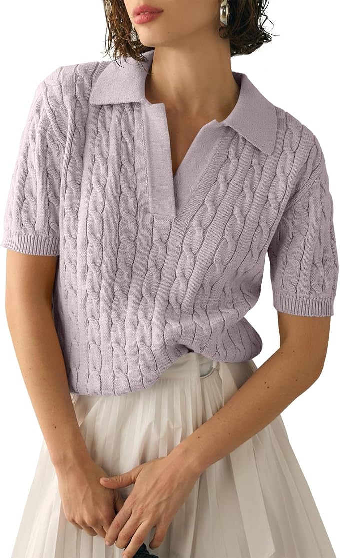 Imily Bela Womens Cable Short Sleeve Sweaters Tops Lapel V Neck Knit Shirt | Solid,Knit Casual,Soft Pullover,Fall Sweaters,Womens Summer Work Tops