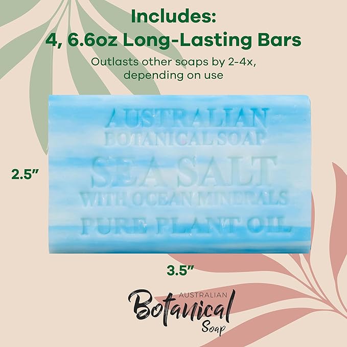 Australian Botanical Soap Sea Salt with Ocean Minerals – Triple Milled 6.6 oz Bar Soap with Shea Butter, Face Hand & Body Soap Bars, Pack of 4
