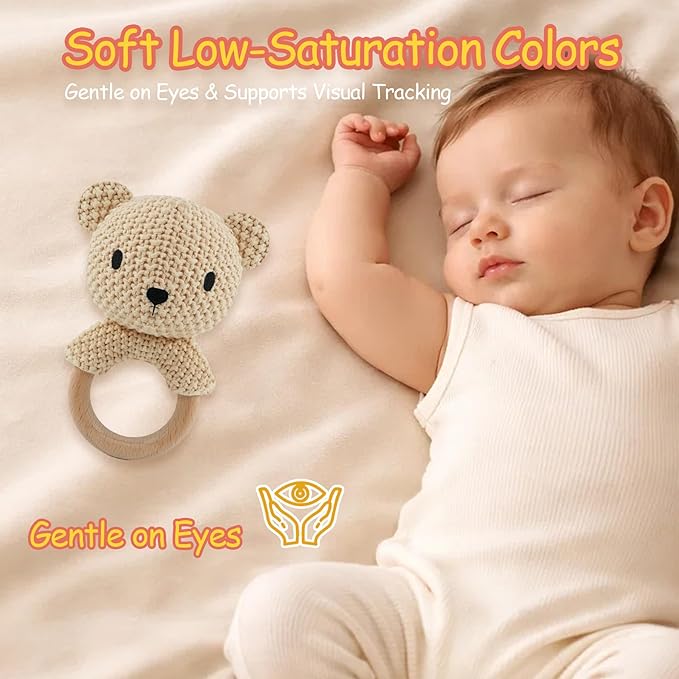 Teddy Bear Baby Rattle Toy 0-6 Months Crochet Knitted Plush Stuffed Animal Teether Natural Wood Ring Cute Bear Baby Gift Gentle Sound Shaker for Newborn Infant Crib Soothing Sleep Aid Gift
