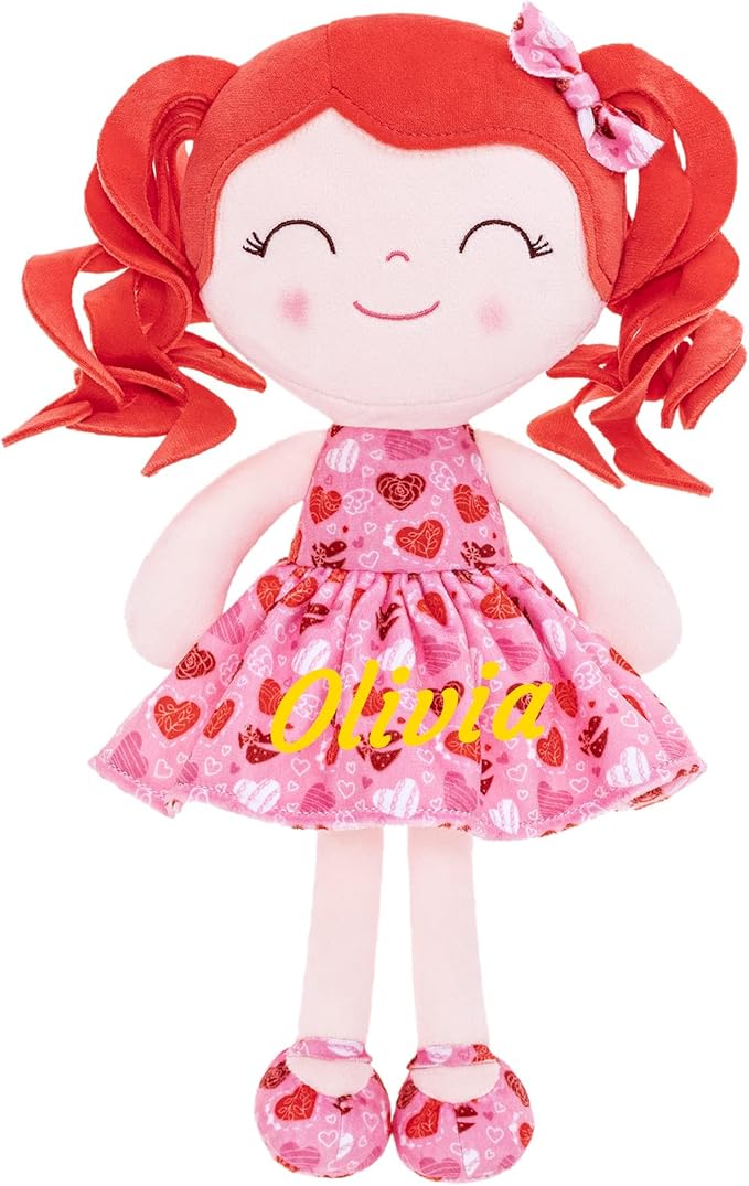 Gloveleya Personalized Name Baby Doll – Custom Red Hair Plush Girl Doll with Heart Dress 12", Unique Gift for Birthday, Baby Shower, Christmas & Holiday Keepsake for Toddlers and Little Girls