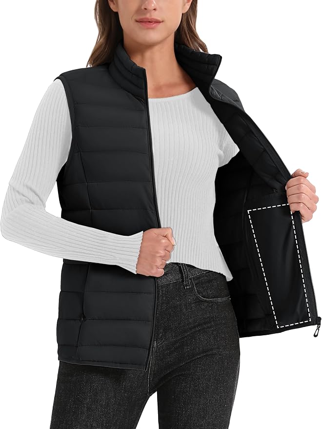 MAGCOMSEN Women's Puffer Vest Lightweight Stand Collar Zip 4 Pockets Puffy Vests Sleeveless Quilted Padded Outerwear