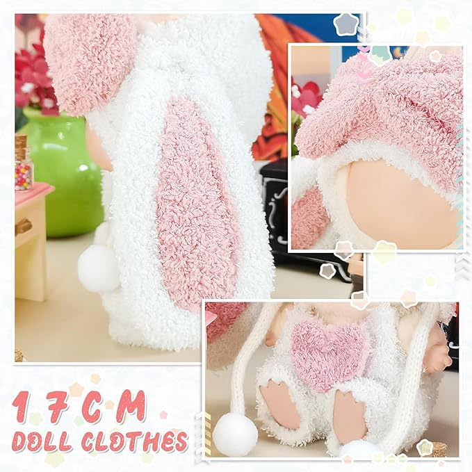 Doll Clothes, Compatible with Labubu, Animal-Inspired Hoodie Outfit with Accessories, Soft Fabric Collectible Apparel for Display (NO Doll) (Pink Bunny)