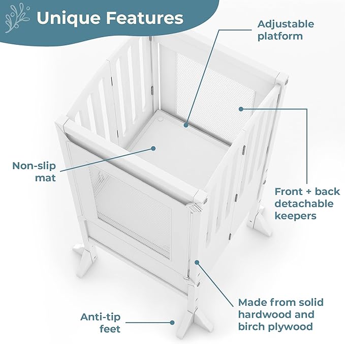 Guidecraft Kitchen Helper® Toddler Tower Step Stool - Contemporary - White: Folding Adjustable Height Montessori Wooden Learning Furniture with Keepers
