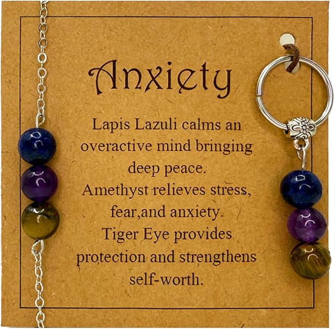 Healing Crystal Keychain Bracelet Set Healing Stones Anxiety Relief Natural Crystal Keychain for Women