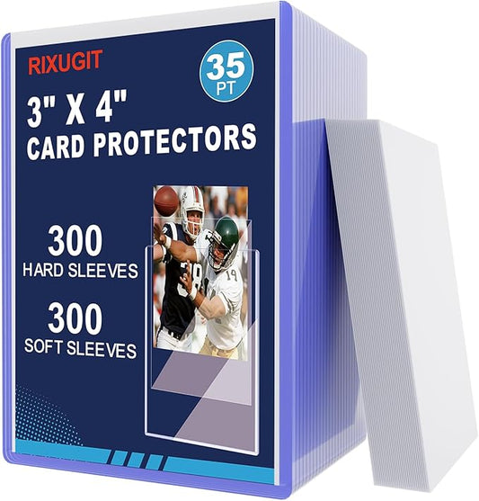 600 Plastic Trading Card Protector - 300 Hard Card Sleeves and 300 Soft Card Sleeves, 35pt Rigid 3"x4" Card Holders, Clear Open-Top Card Sleeve, Fits Standard Trading, Baseball, Sport, Game Cards