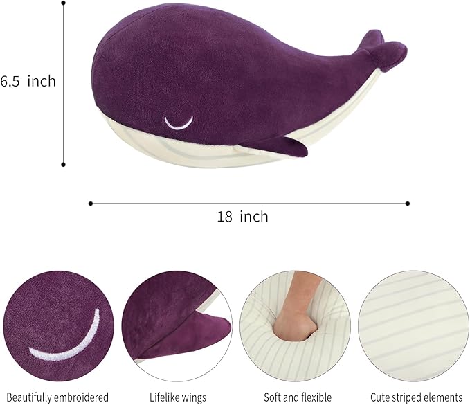 Whale Stuffed Animals Plush Pillow 4 Size Cute Soft Cotton Plushies Pillows Kawaii Blue Whale Toy Gifts for Kids Boys Girls Adults (Purple, 18 Inch)