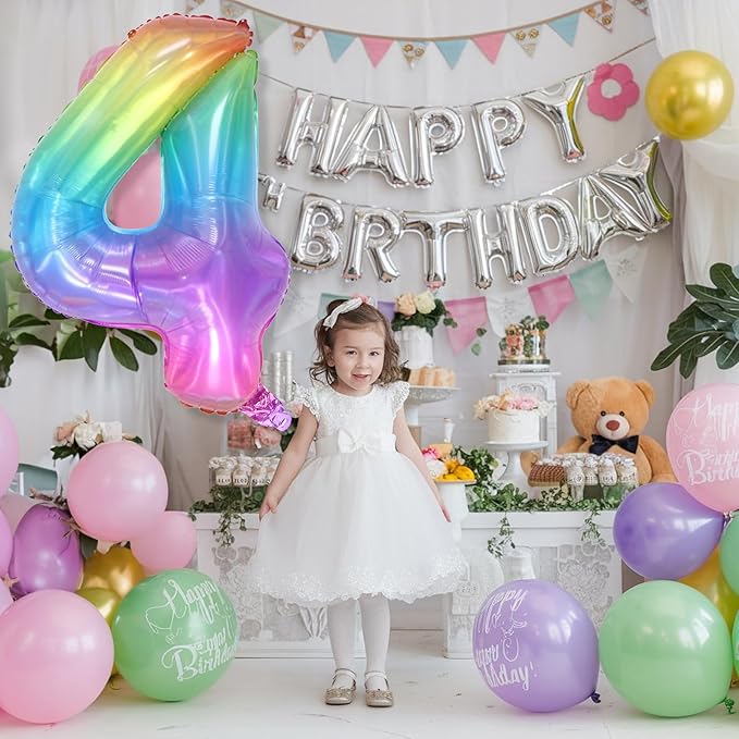 Foil 4 Balloon, Rainbow Number 4 Balloons for Kids Birthday Party Decor, 40'' Mylar Helium Self Inflating Multicolor Colorful Number Four Balloon for Girls 4th Birthday Party Anniversary Decorations