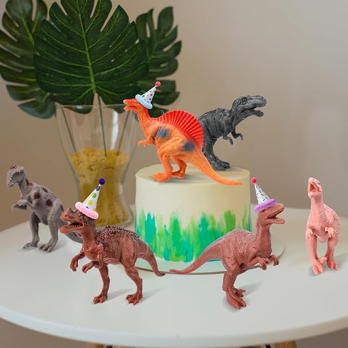 18 Pcs Dinosaur Birthday Party Decorations Mini Birthday Hat Animal Figure Model Cake Toppers with Mini Hat for Wild Animals Themed Party Birthday Party
