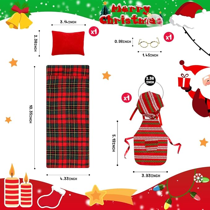 Christmas Doll Clothes Accessories Kits, 15PCS Christmas Checkered Suspender Pants & Skirt, Sleeping Bag, Bathrobe, Apron, Skirt , Glasses, Eye Mask, Scarf for Doll Holiday Decoration