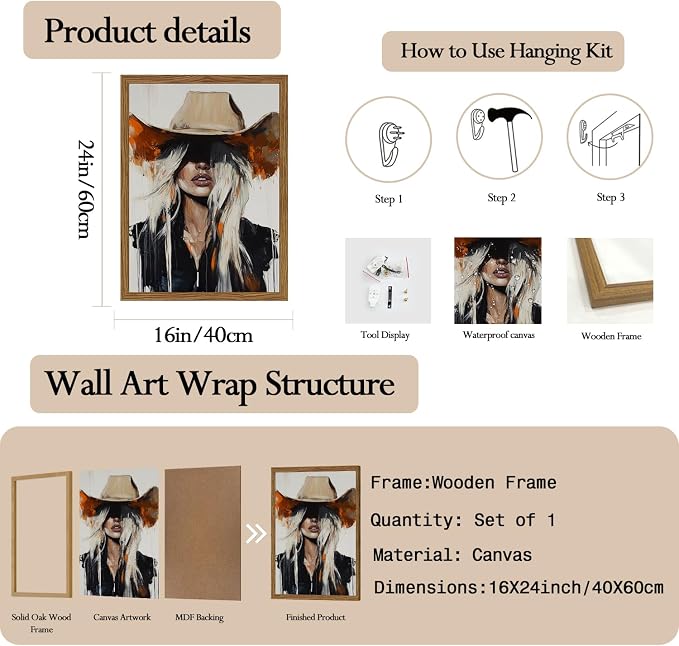 Western Cowgirl Wall Art Modern Cowboy Wall Decor Painting, Southwestern Country Canvas Prints Aesthetics for Living Room Bedroom Home Decoration 16x24 inch Wood Framed
