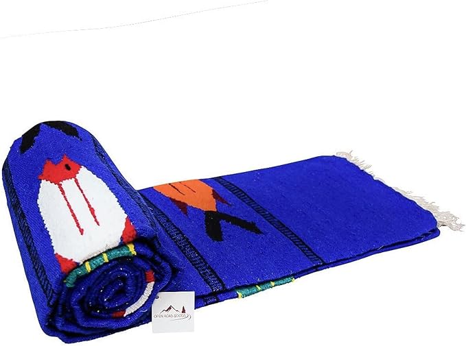 Thick Mexican Yoga Blanket - Serape Fish Design - Handmade (Blue)