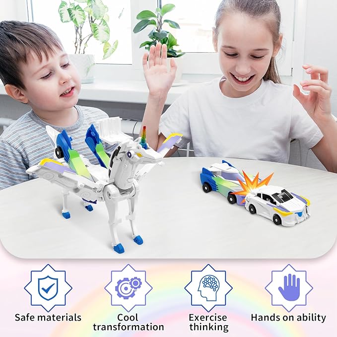 Unicorn Collision Transforming Cars Toy for Girls Boys, 2 Magnetic Cars Transform into Magical Unicorn Collision Transforming Robot Cars Toy Deformation Christmas Birthday Gifts for Kids Blue