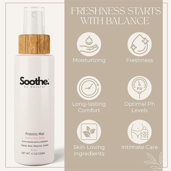 Probiotic Mist Deodorizing Spray, Feminine Deodorant for Private Parts, Control Odor & Itching, Soothing & Moisturizing Vaginal Spray (Rose), 4 oz