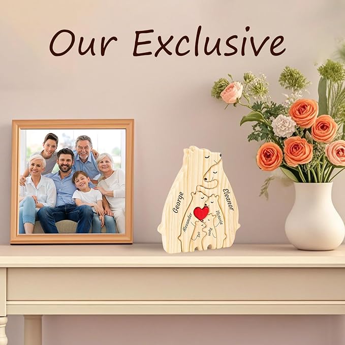 Personalized Wooden Name Puzzle Hugging Bears Family Puzzle with Names Fathers Day Home Decor Custom Mom/Dad/Family Members, Bear DecorBirthday Present (Mother and Child Bear)