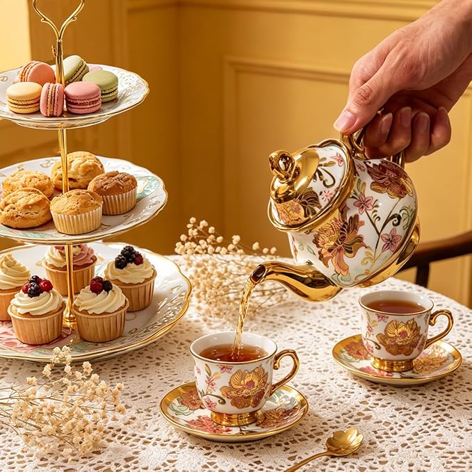 CHANJOON Gold Plated Red Rose Ceramic Tea Set, Vintage Tea Sets with Teapot, Beautiful Tea Set Coffee Serving 6 People (pink, Medium)