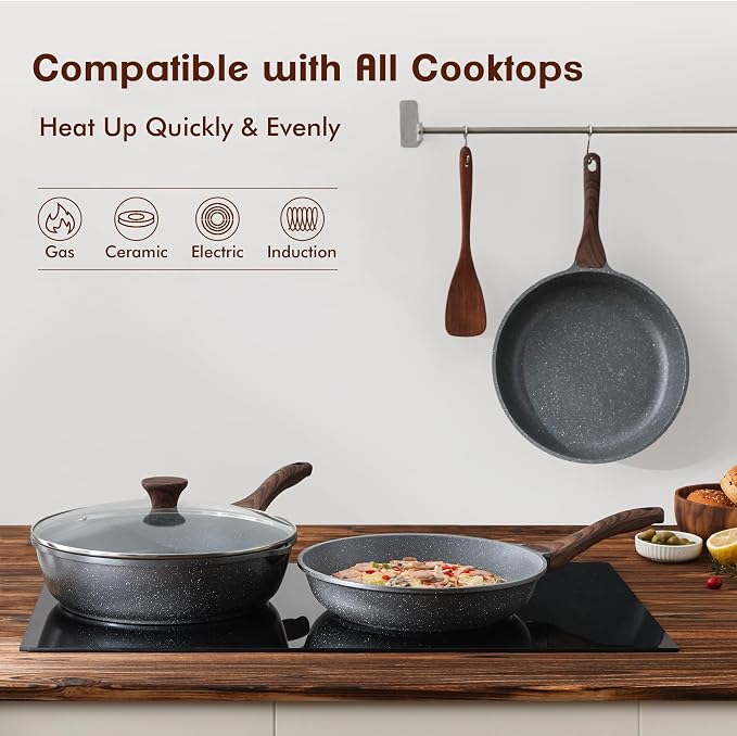 SENSARTE Nonstick Frying Pans, Grey(9.5+11 Inch) | Swiss Granite Coating, Free of PFOA&PFOS, Compatible with All Stoves Including Induction Cooktops, Easy to Clean