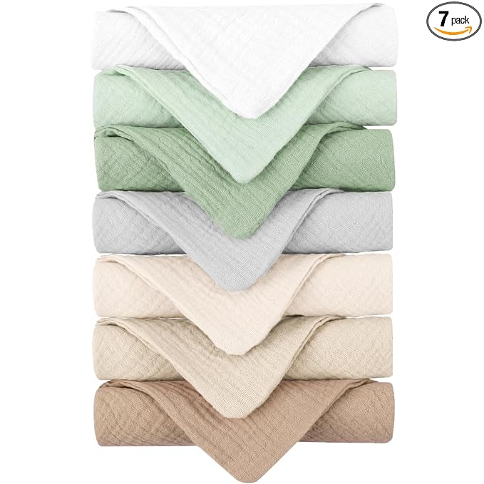 Konssy Baby Muslin Washcloths 7-Pack, 100% Cotton Baby Bath Washcloths, Soft & Absorbent Wash Cloths and Burp Cloths for Newborn Kids Girls & Boys, 11x11 inches