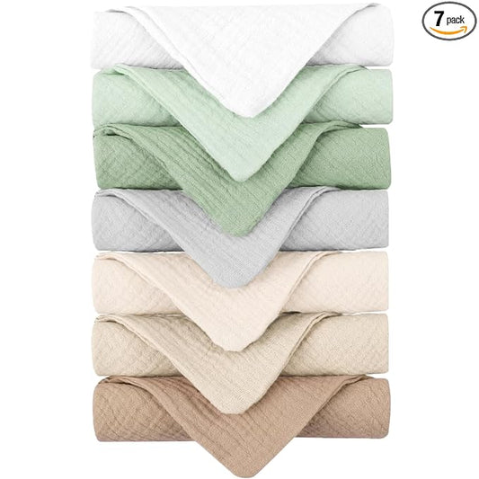 Konssy Baby Muslin Washcloths 7-Pack, 100% Cotton Baby Bath Washcloths, Soft & Absorbent Wash Cloths and Burp Cloths for Newborn Kids Girls & Boys, 11x11 inches