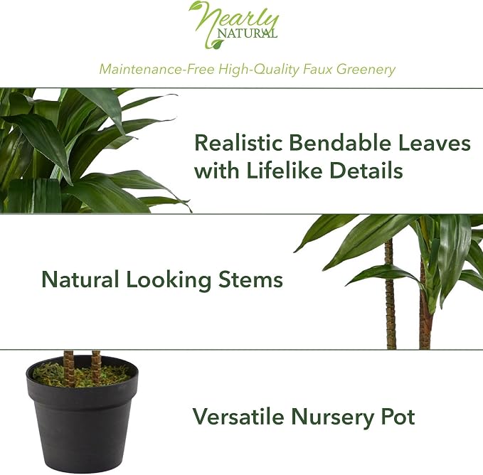 Nearly Natural 48 in Artificial Dracaena Real-Touch Plant with Pot | Multi-Tonal Trunks, Large Indoor Faux Tree, Maintenance-Free, Living Room and Office Decor