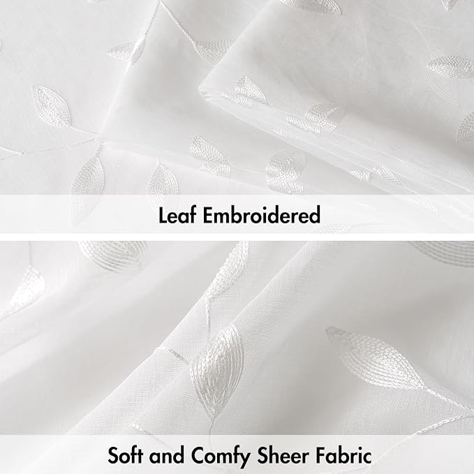 MIULEE White Sheer Curtains 2 Panels Embroidered Leaf Patterned Rod Pocket Floral Semi Sheer Faux Linen Window Curtains Drapes Set for Living Room Bedroom Dining Room, 52x63 Inches Length
