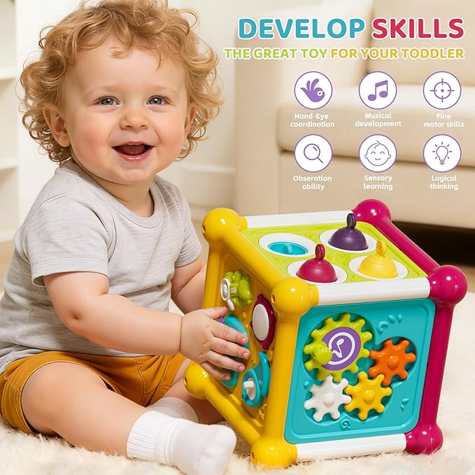 Baby Activity Cube, Cube Toys for Babies 6-12 Months, Toddler Music Busy Board with 4 Sensory Shape Blocks, 6-in-1 Educational Early Development Toy, Christmas, Birthday Gift for 1 Year Old