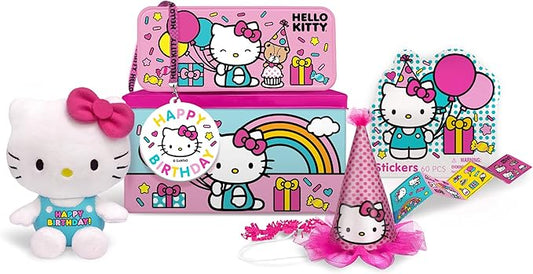 Megatoys Hello Kitty Party Gift Set - Tin Box, Pencil Case, Stickers, Birthday Necklace, Plush, and Hat