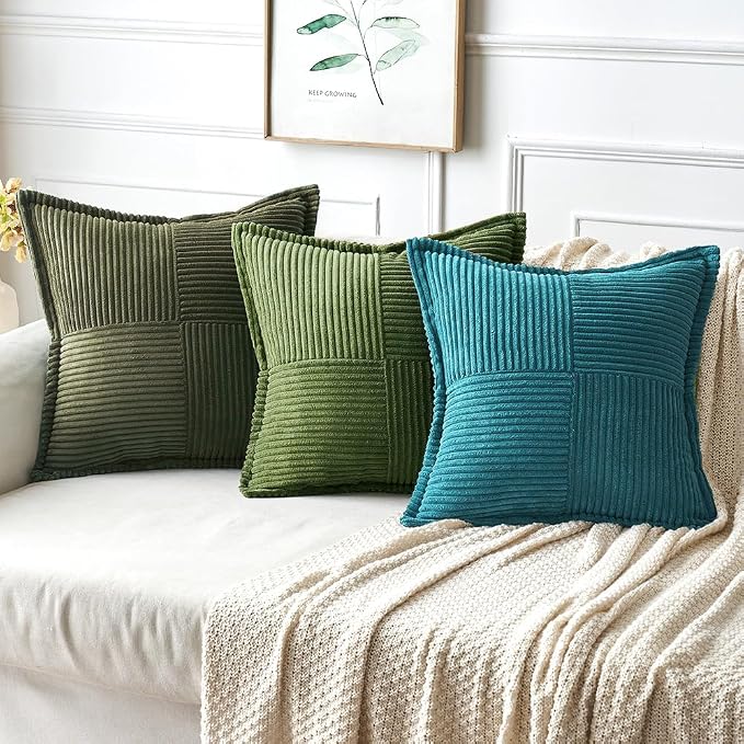 MIULEE Decorative Throw Pillow Covers for Couch 16x16 Inch Moss Green | 2 Pack, Boho Broadside Striped Patchwork Pillow Covers, Soft Corduroy Cushion Cases, For Sofa Bed Livingroom Home Decor