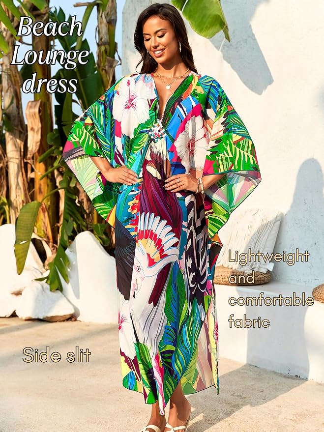 ChiaoLezhee Print Moo-Moos for Women, Kaftan Cover-Up Dresses, Sexy V-Neck High-Slit, Beach Pool-Party Coverups Muumuu Plus