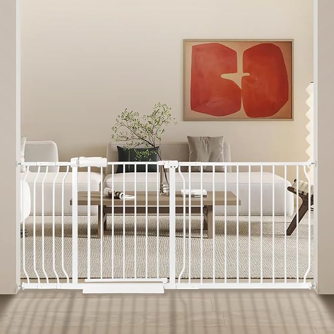 Extra Wide Baby Gate 66.9-71.65 Pressure Mounted,Child Dog Pet Safety Gates with Walk Through Door for Doorways Stairs No Drilling in Door,White