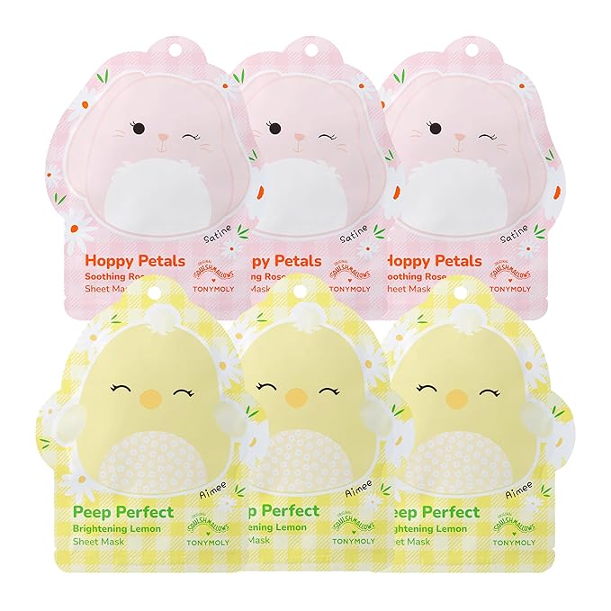 TONYMOLY x Squishmallows 6-Piece Easter Sheet Mask Gift Set – Aimee Vitamin C Lemon + Satine Rose Chamomile – Hydrating K-Beauty Masks, Easter Basket Gift & Party Favor for Teens & Girls