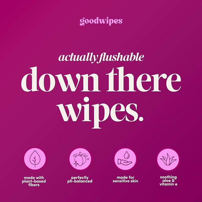 goodwipes Down There Wipes - Flushable Feminine Wipes for Women, pH Balanced for Sensitive Skin, Septic Safe, Feminine Hygiene Essentials, Travel Size - Rosewater, 80 Count (4 Packs of 20)