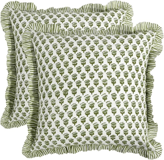 CPC Block Print Ruffle Throw Cover Emerald Green 18"x18" Inch Pack of 2-100% Cotton Ruffle Couch Decorative Boho Pillows Case for Living Room, Bedroom, Sofa, Farmhouse Gift for Spring, Mother's Day